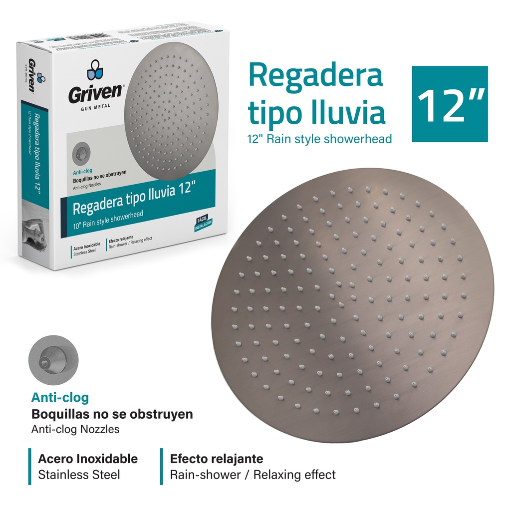 REGADERA REDONDA 12" GRIVEN GUN METAL 7-878 (DESC) 