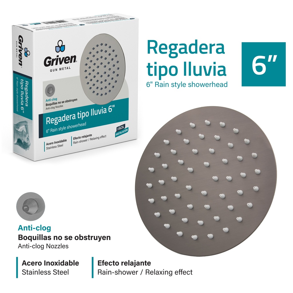 REGADERA REDONDA 6" GRIVEN GUN METAL 7-880 (DESC) 