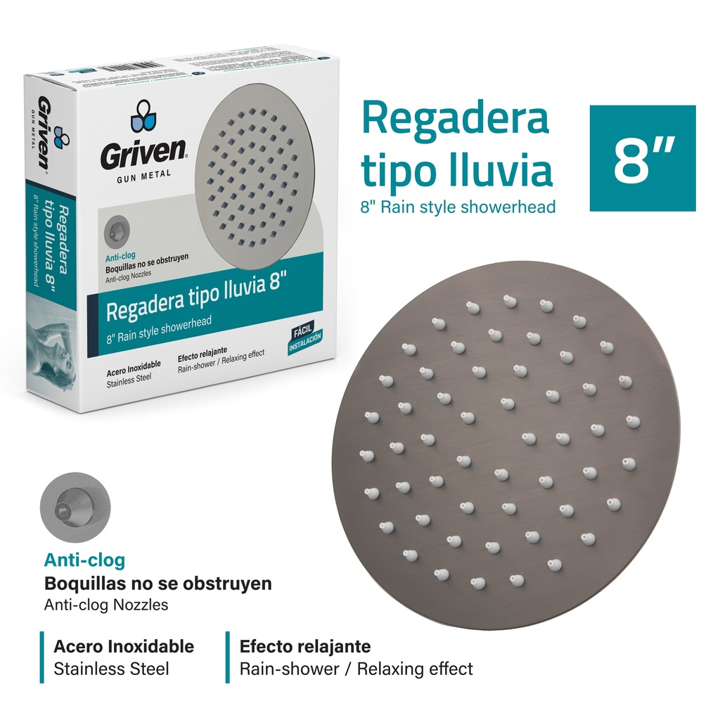REGADERA REDONDA 8" GRIVEN GUN METAL 7-882 (DESC) 