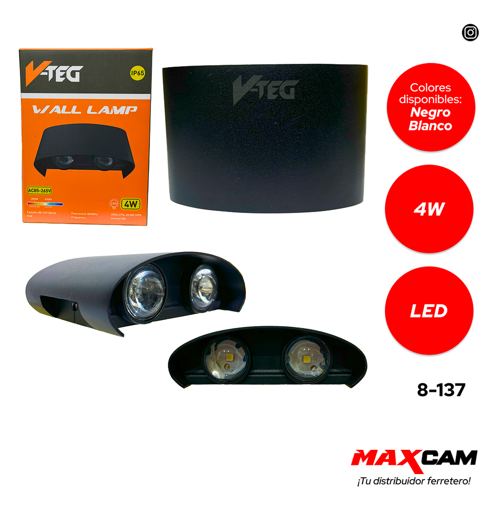 LAMPARA APLIQUE NEGRA P/PARED 4W LUZ FRIA V-TEG 8-137