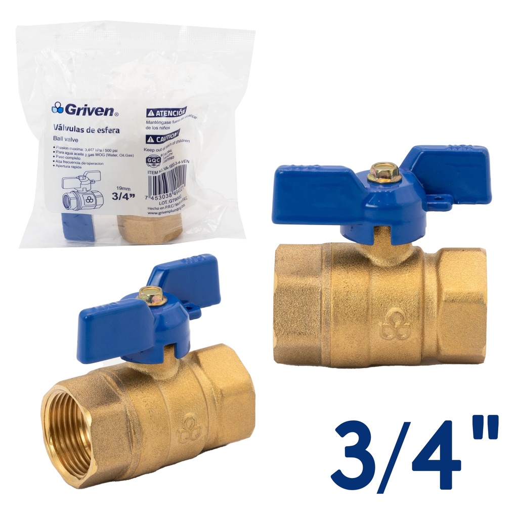 VALVULA PASO BRONCE MARIPOSA x 3/4" GRIVEN 5-176