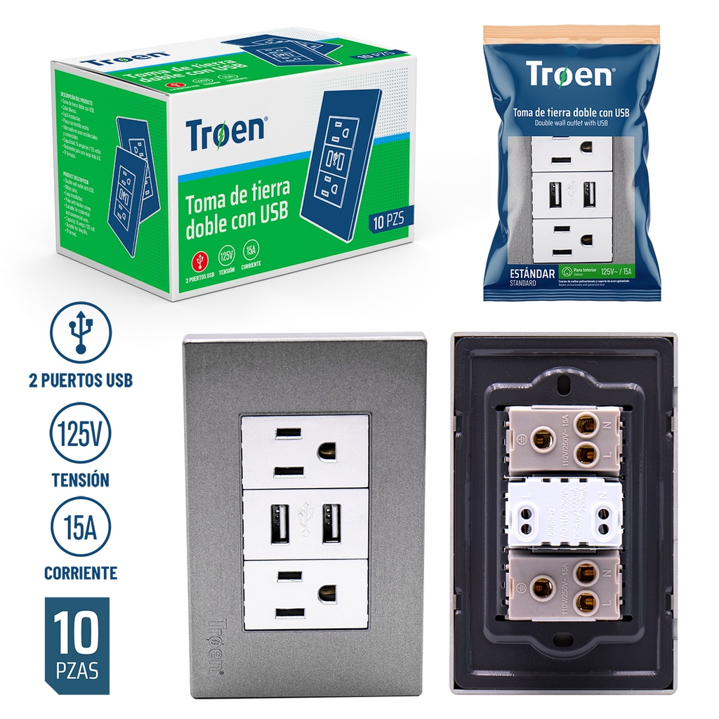 TOMA DOBLE C/TIERRA C/PUERTO USB GRIS TROEN 5-177