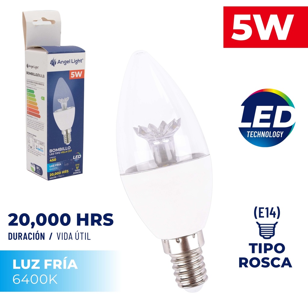 [5-190] BOMBILLO VELA LED 5W LUZ FRIA RE14 ANGEL LIGH 5-190
