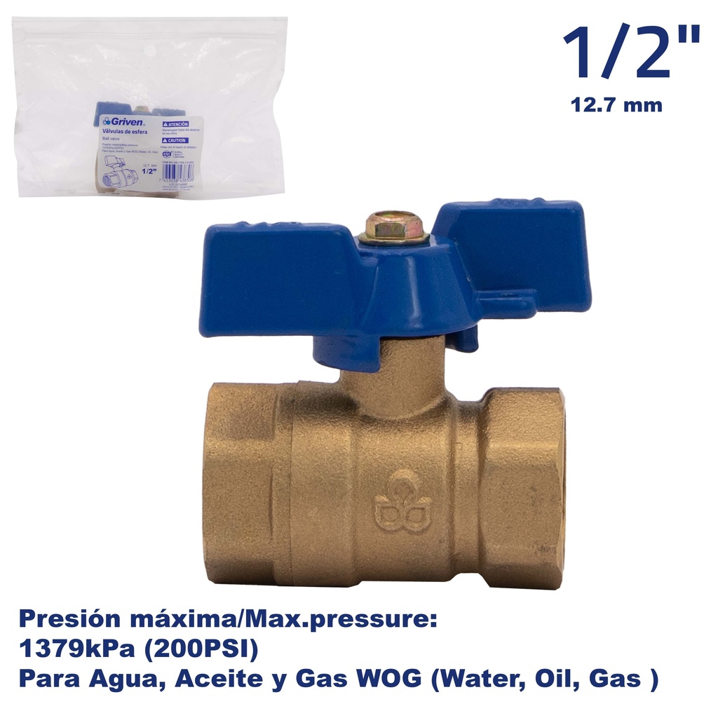 VALVULA PASO BRONCE MARIPOSA x 1/2" GRIVEN 5-241