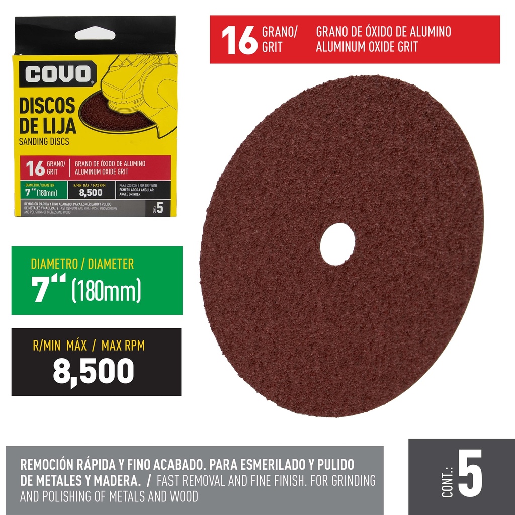 DISCO DE LIJA 7" GRANO 16 x 5 UNID COVO 5-249