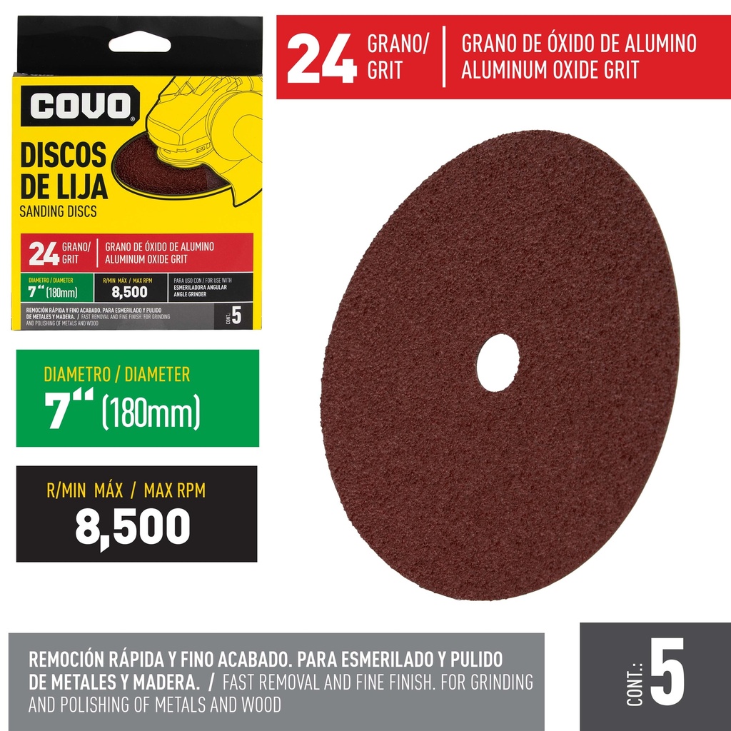 DISCO DE LIJA 7" GRANO 24 x 5 UNID COVO 5-250
