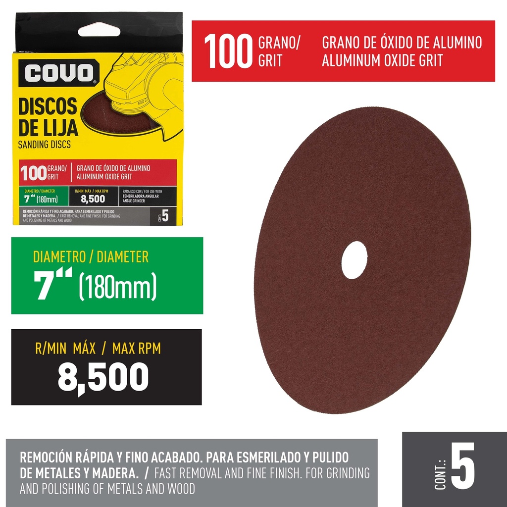 [5-254] DISCO DE LIJA 7" GRANO 100 x 5 UNID COVO 5-254