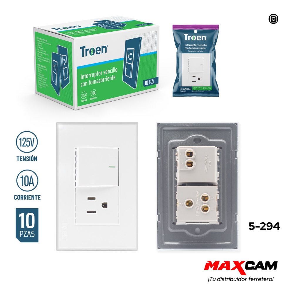 INTERRUPTOR SENCILLO+TOMA BLANCO TROEN 5-294