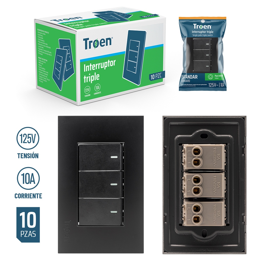 INTERRUPTOR TRIPLE NEGRO TROEN 5-319