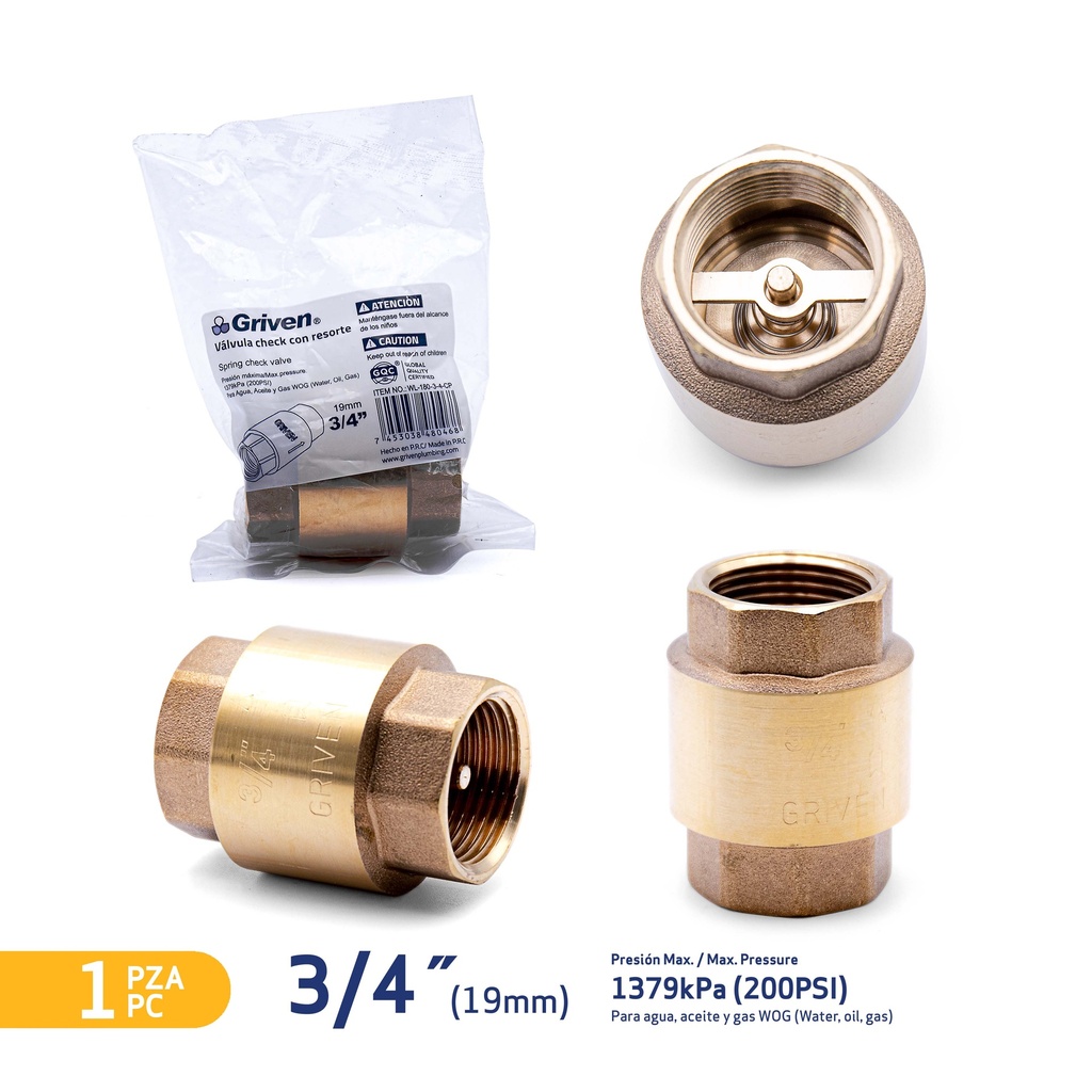 VALVULA CHECK BRONCE x 3/4" ASIENTO BRONCE GRIVEN 5-499