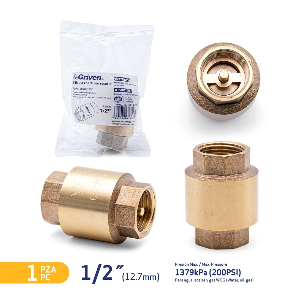 VALVULA CHECK BRONCE x 1/2" ASIENTO BRONCE GRIVEN 5-500