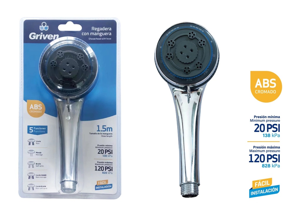 REGADERA DE MANO C/MANGUERA 5 FUNCIONES GRIVEN 5-544
