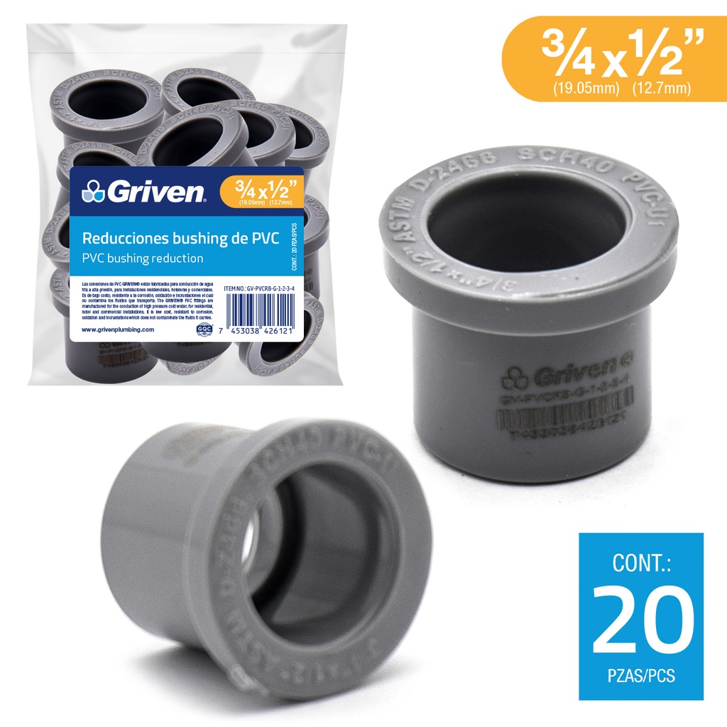 BUJE REDUC AGUA FRIA 3/4" x 1/2" GRIS GRIVEN 5-915