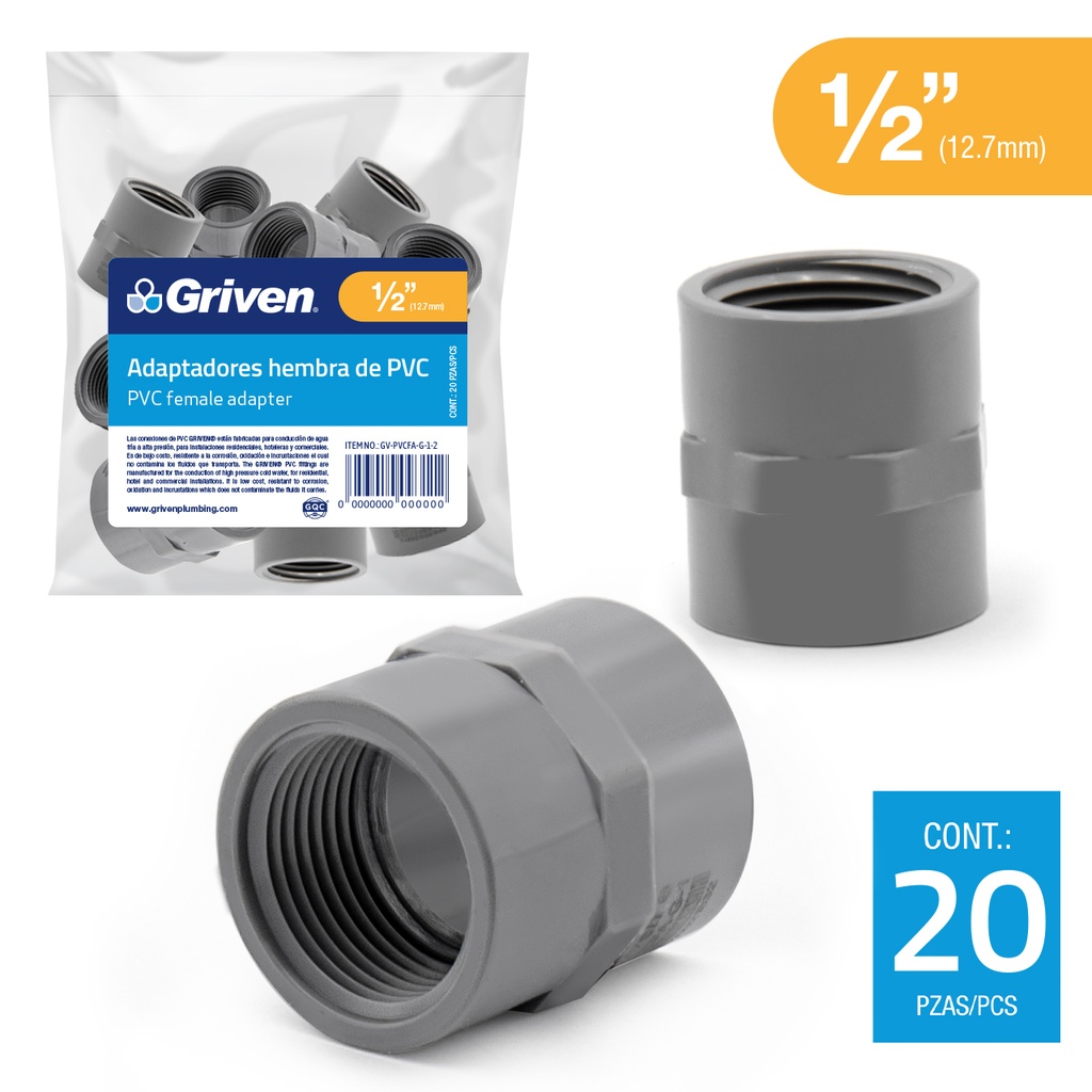 ADAPTADOR HEMBRA AGUA FRIA x 1/2" GRIS GRIVEN 5-921