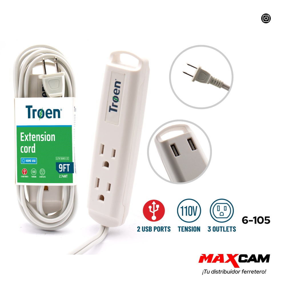 EXTENSION ELECTRICA 2.74M C/REGLETA 2 TOMAS TROEN 6-105