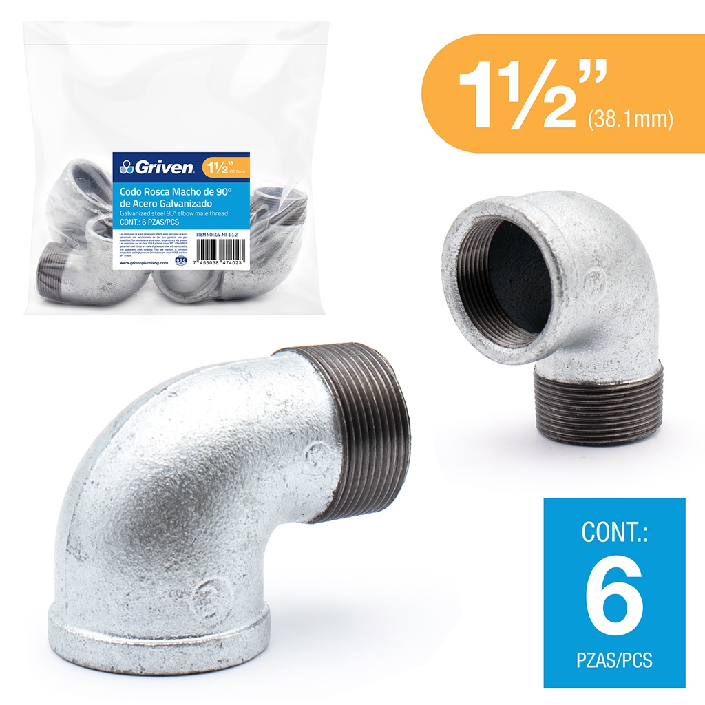 CODO CACHIMBO GALVANIZADO 1 1/2" x 90 GRIVEN 6-118
