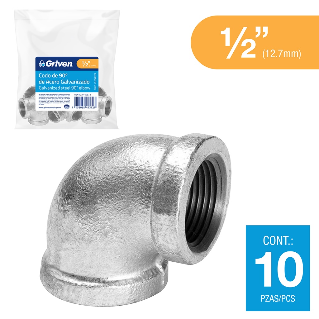 CODO GALVANIZADO 1/2" x 90° GRIVEN 6-159