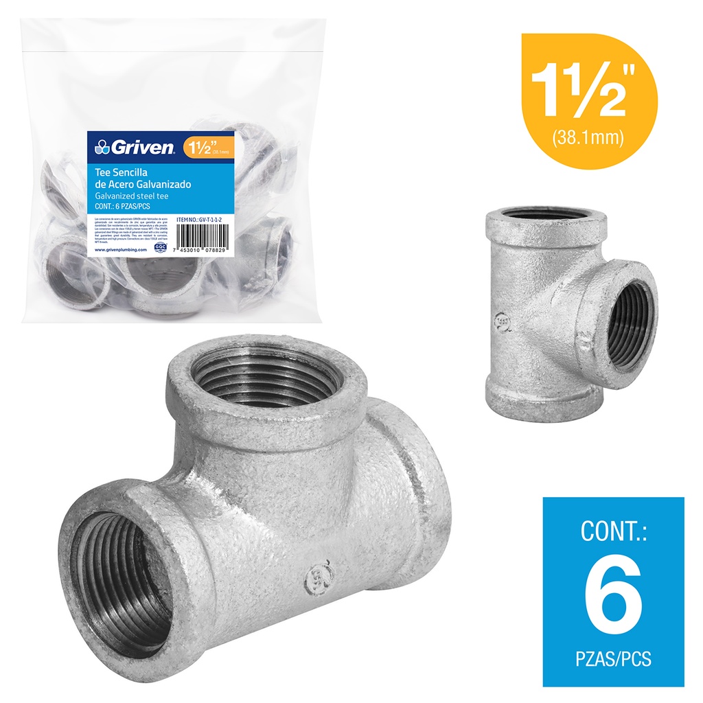 TEE GALVANIZADA 1 1/2" GRIVEN 6-165