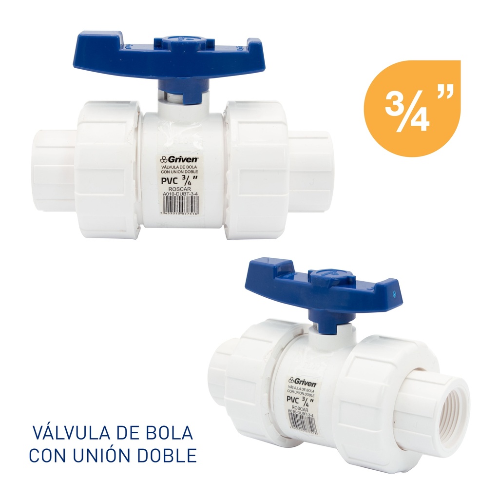 LLAVE DE BOLA C/UNION DOBLE 3/4" ROSCA GRIVEN 6-226