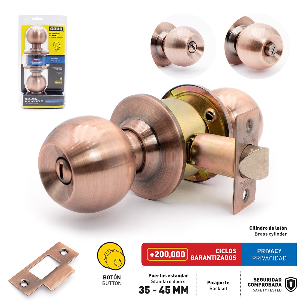 [6-363] CERRADURA DE BAÑO POMO BOTON COBRE COVO 6-363