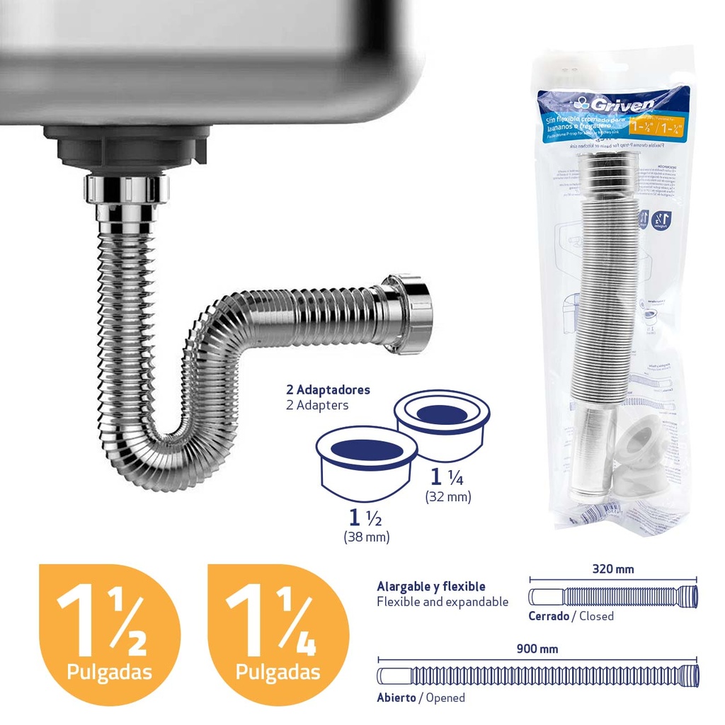 SIFON EXT C/ADAPTADOR 1 1/2 / 1 1/4 CROMADO GRIVEN 6-374