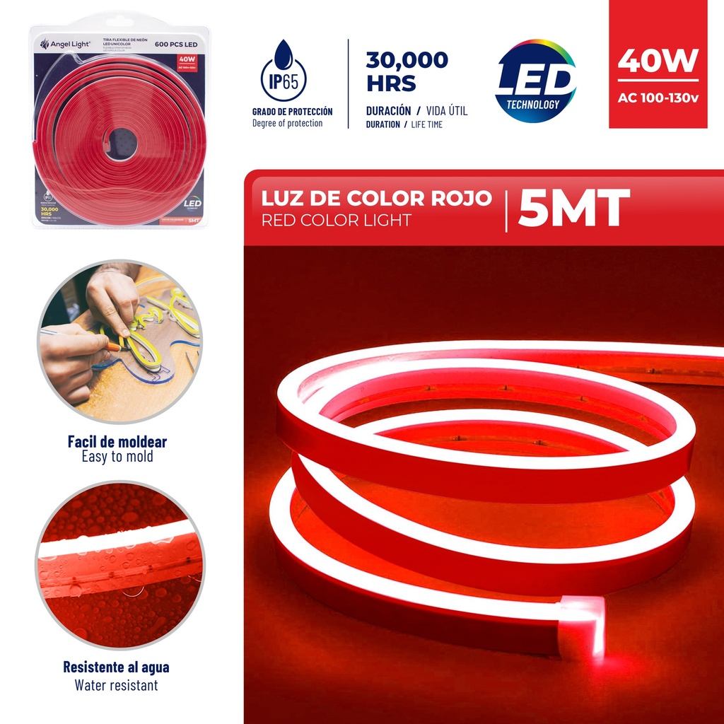 CINTA LED ROJO 5 MTS x 40W C/TRANSF ANGEL LIGHT 6-444