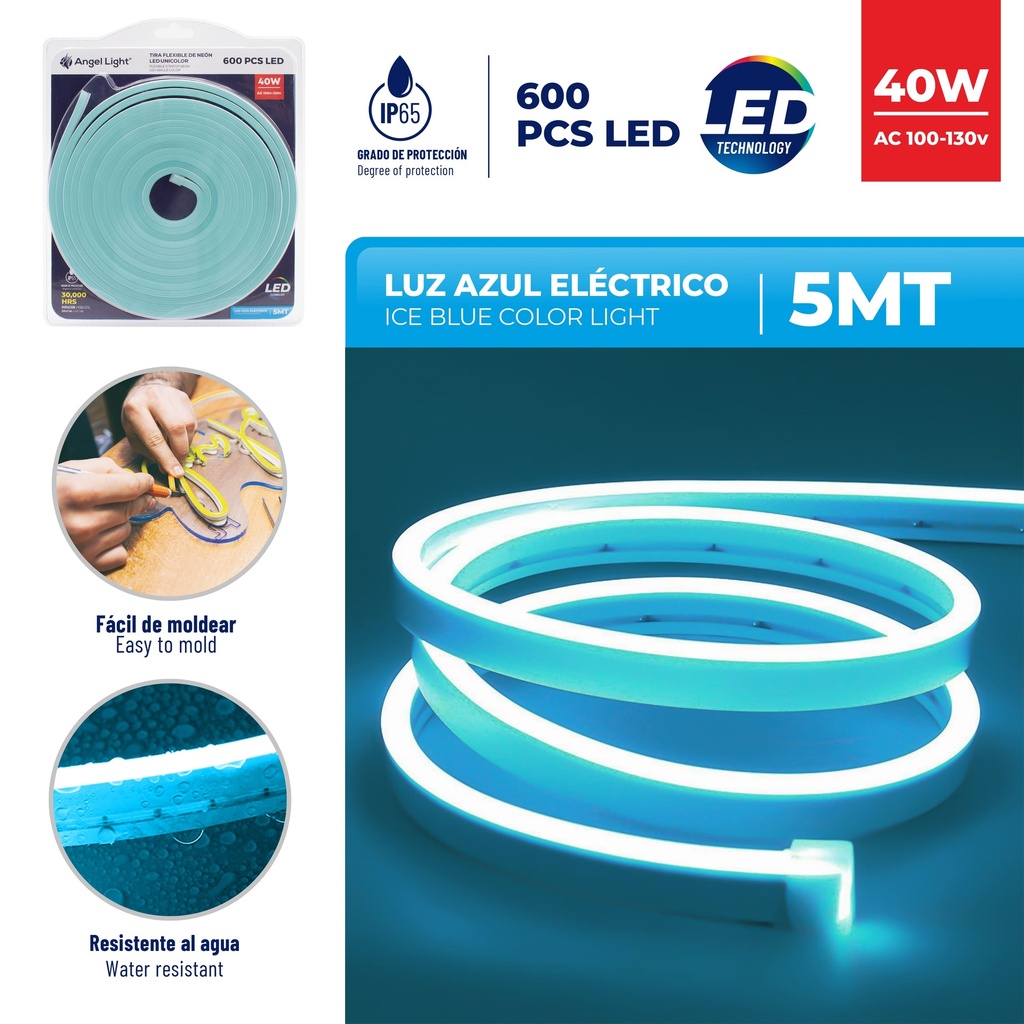 CINTA LED NEON AZUL ELECTRICO 5 MTS x 40W C/TRANSF ANGEL L 6-447