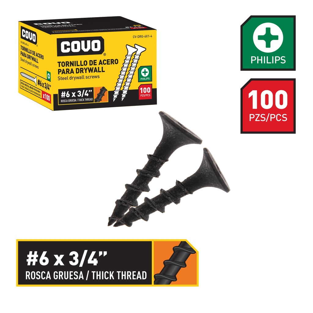 TORNILLOS DRYWALL R. GRUESA 6 x 3/4 x 100 UNID COVO 6-481