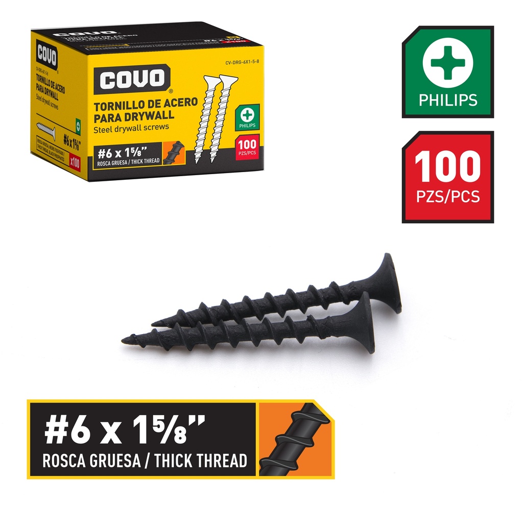 TORNILLOS DRYWALL R. GRUESA 6 x 1 5/8" x 100 UNID COVO 6-483
