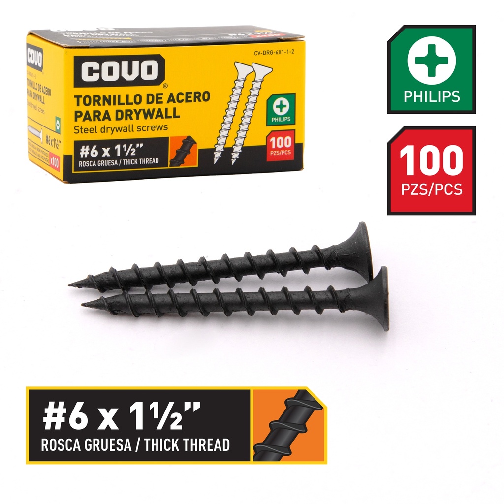 TORNILLOS DRYWALL R. GRUESA 6 x 1 1/2" x 100 UNID COVO 6-485