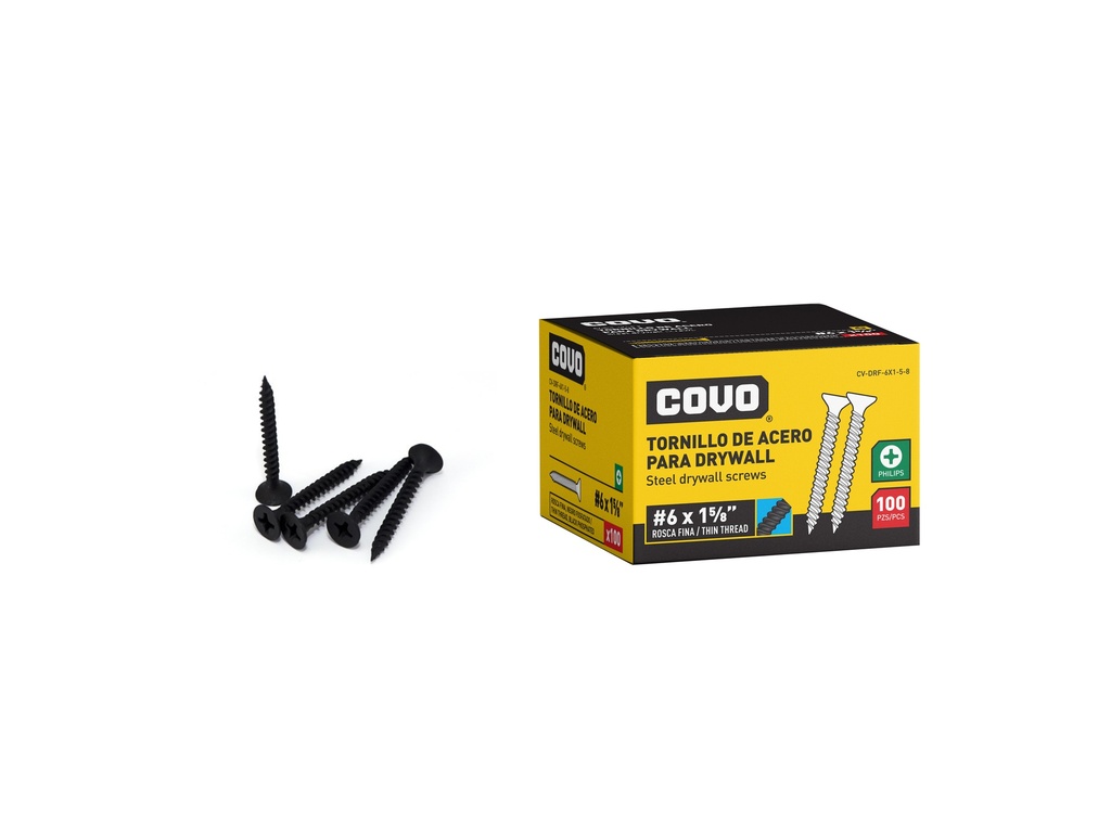 TORNILLOS DRYWALL R. FINA 6 x 1 5/8" x 100 UNID COVO 6-533
