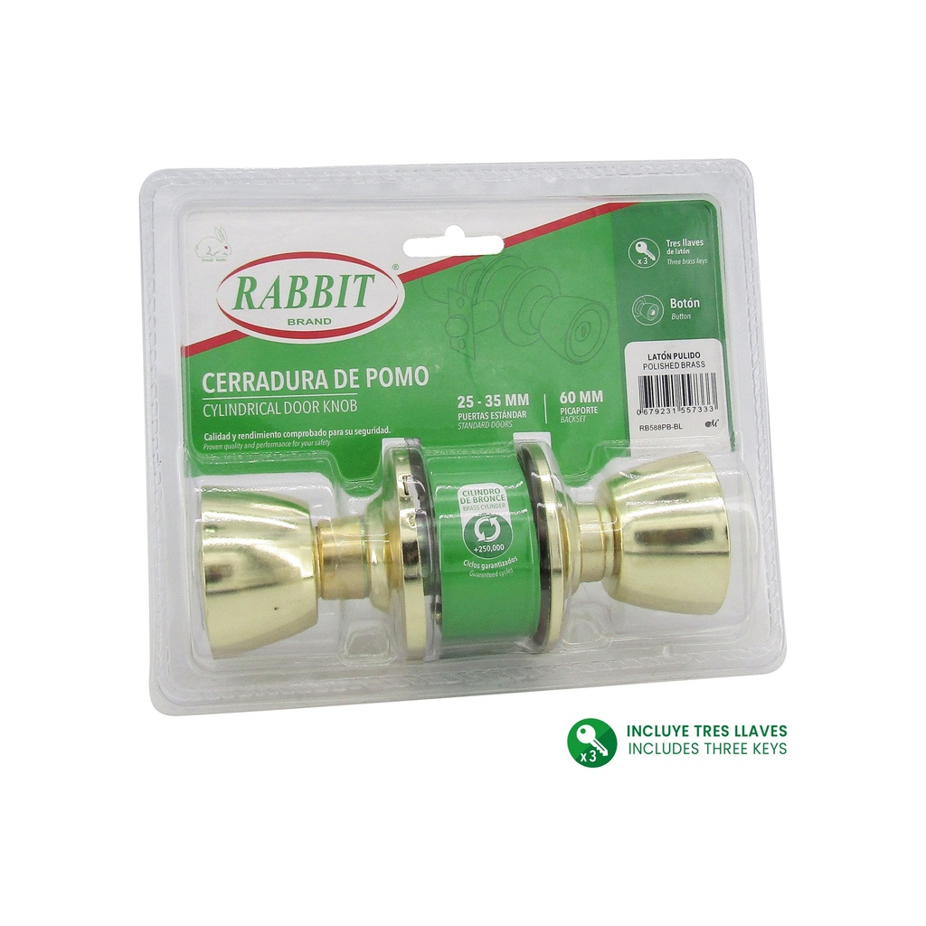 CERRADURA DE POMO LATON PULIDO O DORADO RABBIT 6-645