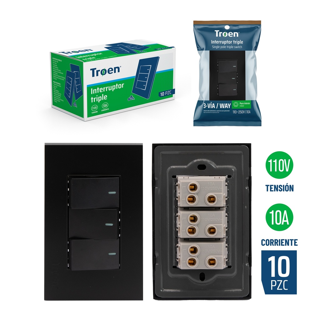 INTERRUPTOR TRIPLE NEGRO 3 WAY TROEN 6-706