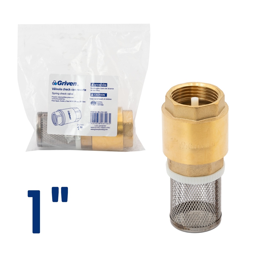 VALVULA CHECK BRONCE x 1" CON FILTRO GRIVEN 6-790