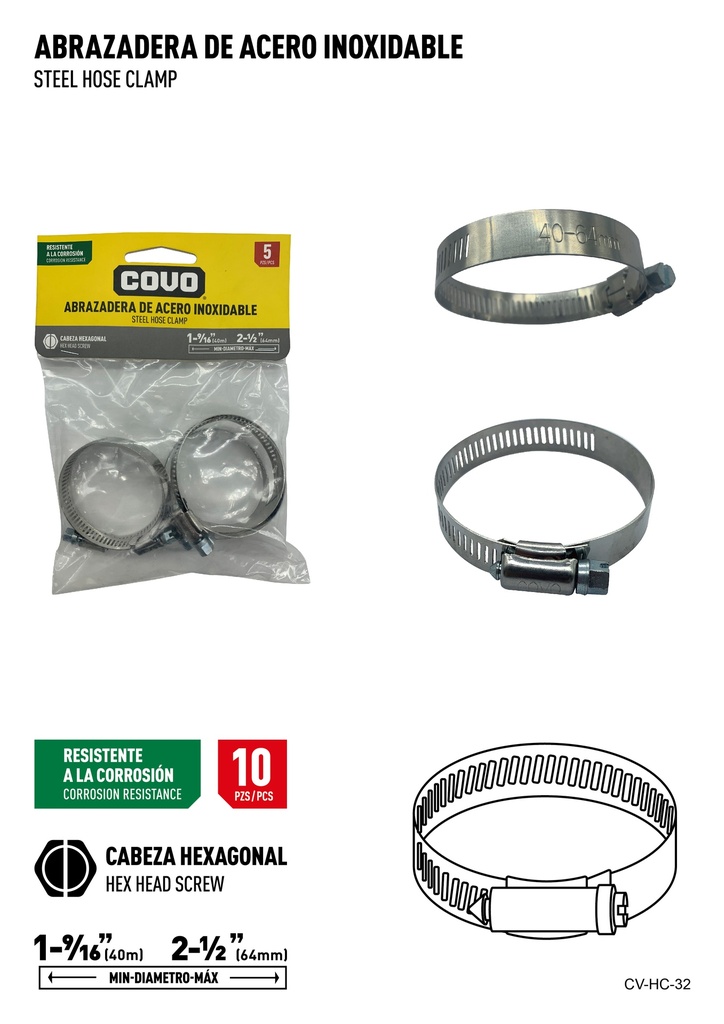[6-830] ABRAZADERAS 1 9/16" - 2 1/2" x 5 UNID COVO 6-830