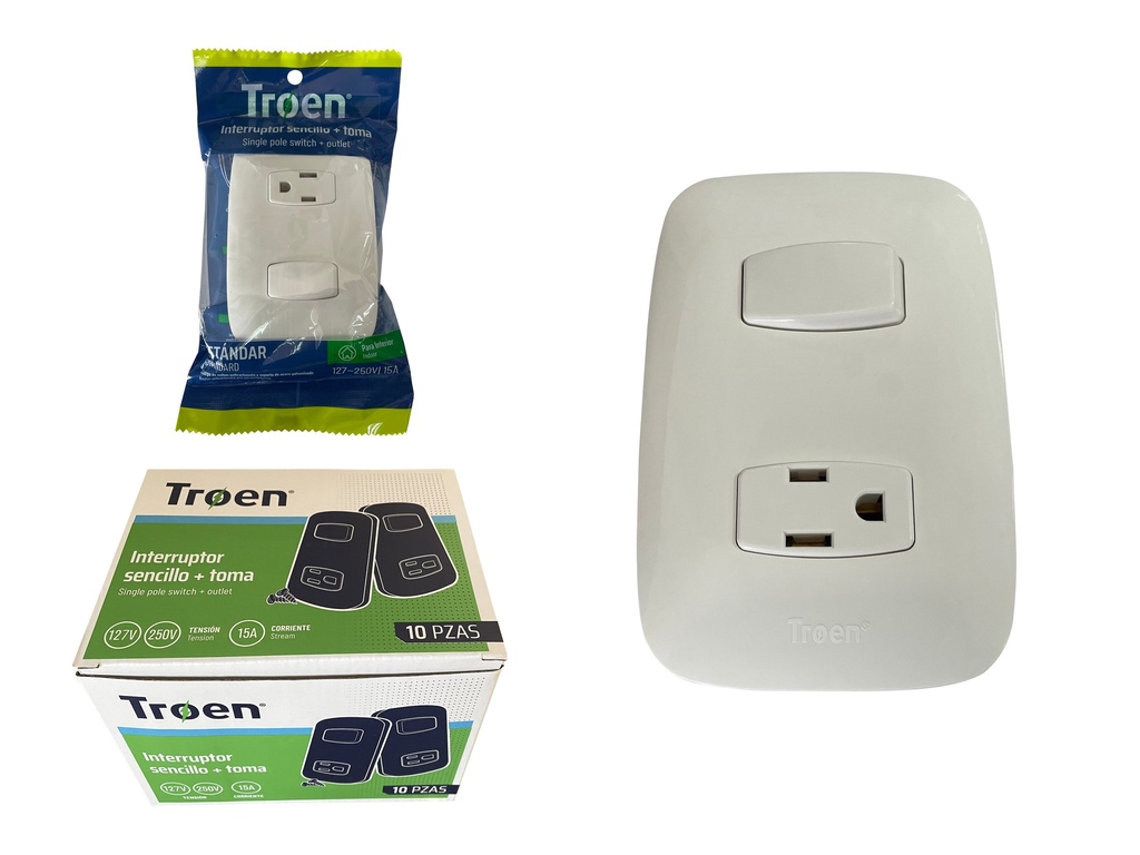 INTERRUPTOR SENCILLO + TOMA BLANCO TROEN 6-887
