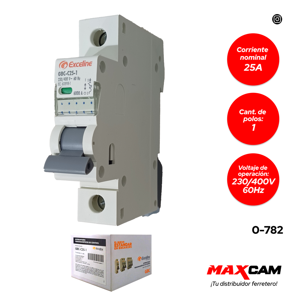 BREAKER TERMOMAGNETICO 1P x 25 AMP EXCELINE 0-782