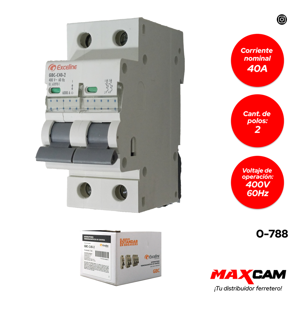 [0-788] BREAKER TERMOMAGNETICO 2P x 40 AMP EXCELINE 0-788