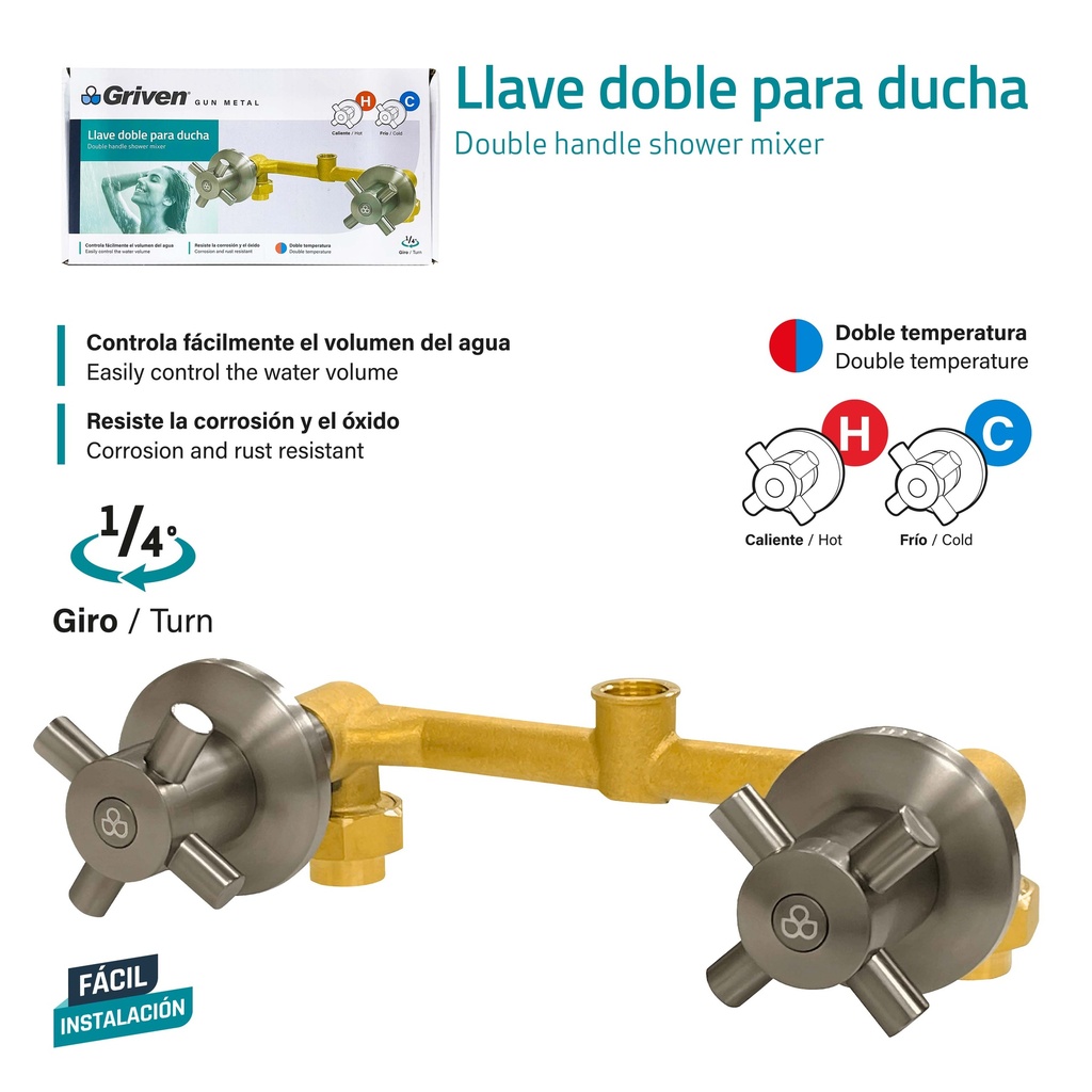 LLAVE P/DUCHA DOBLE BRONCE GRIVEN GUN METAL 9-845