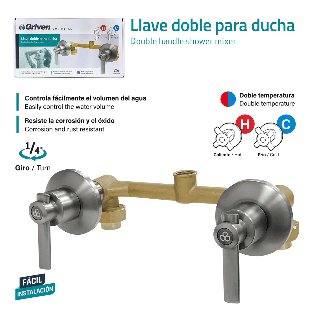 LLAVE P/DUCHA DOBLE BRONCE GRIVEN GUN METAL 9-847
