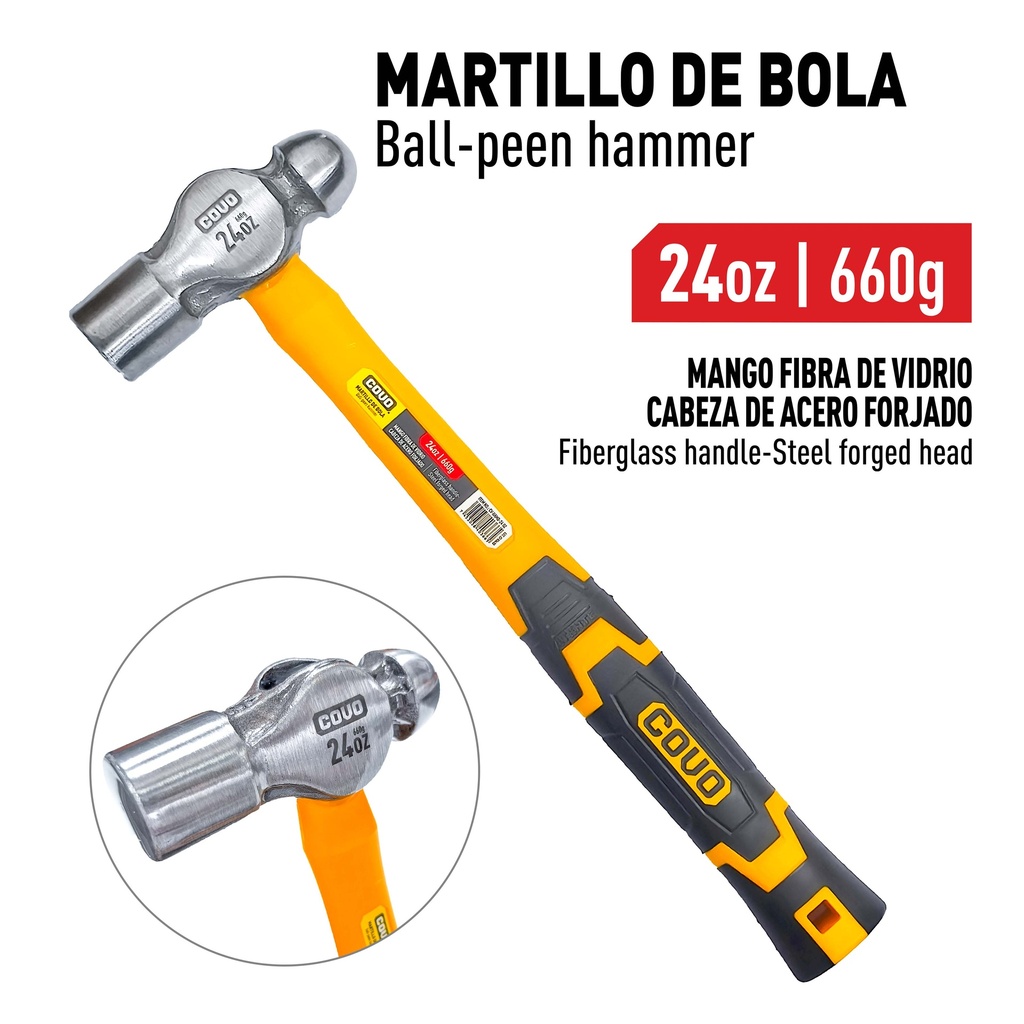 MARTILLO DE BOLA M/FIBRA DE VIDRIO x 24 OZ COVO 9-756