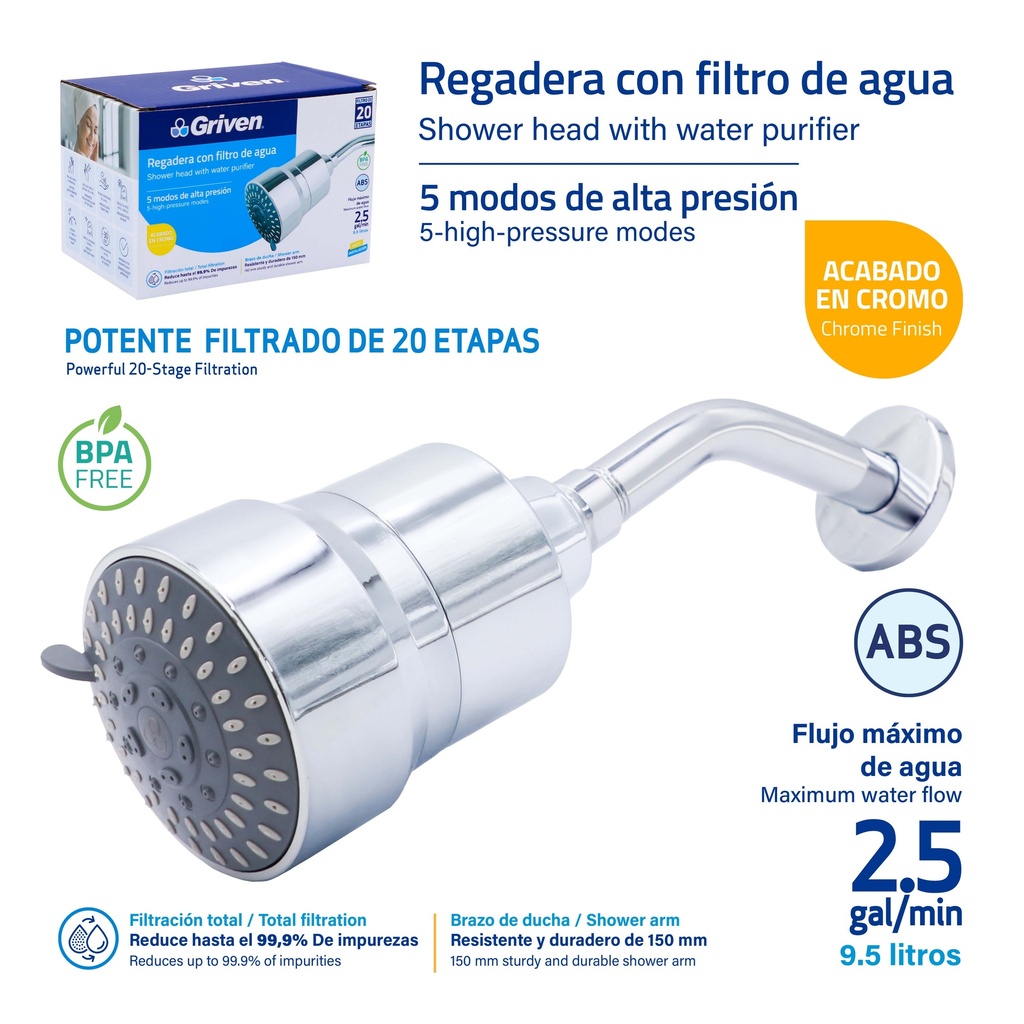 REGADERA CON FILTRO DE AGUA GRIVEN 9-729