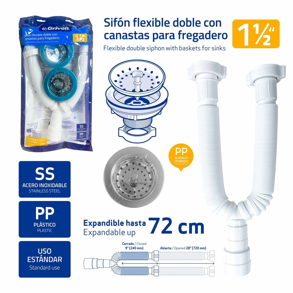 SIFON DOBLE FLEXIBLE C/DESAGUE GRIVEN 9-816