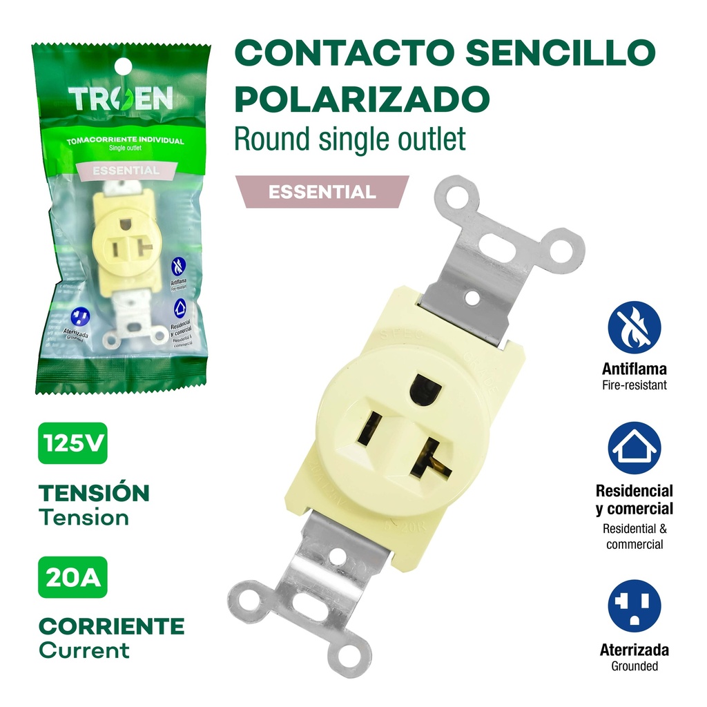 TOMA SENCILLO 2P+ T x 20A 125V  BEIGE TROEN 10-080