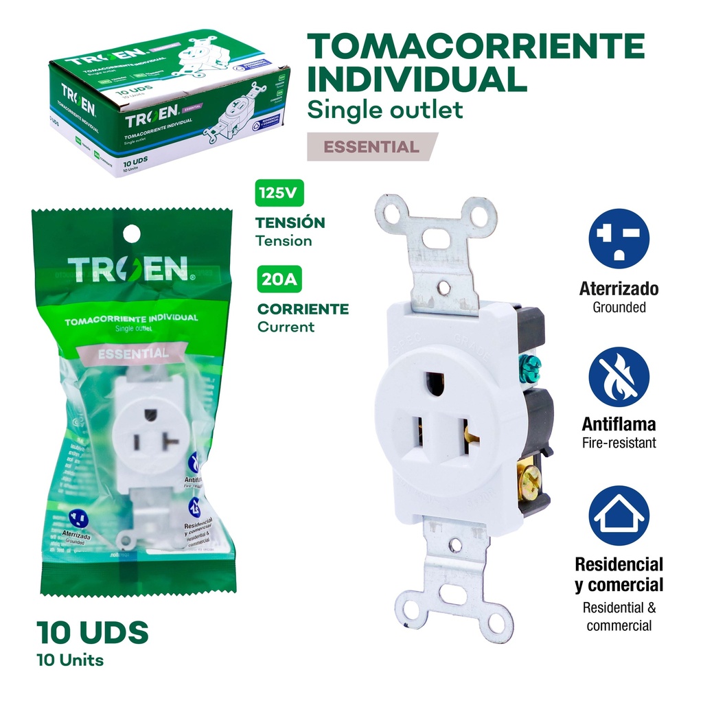 TOMA SENCILLO 2P+ T x 20A 125V  BLANCO TROEN 10-087