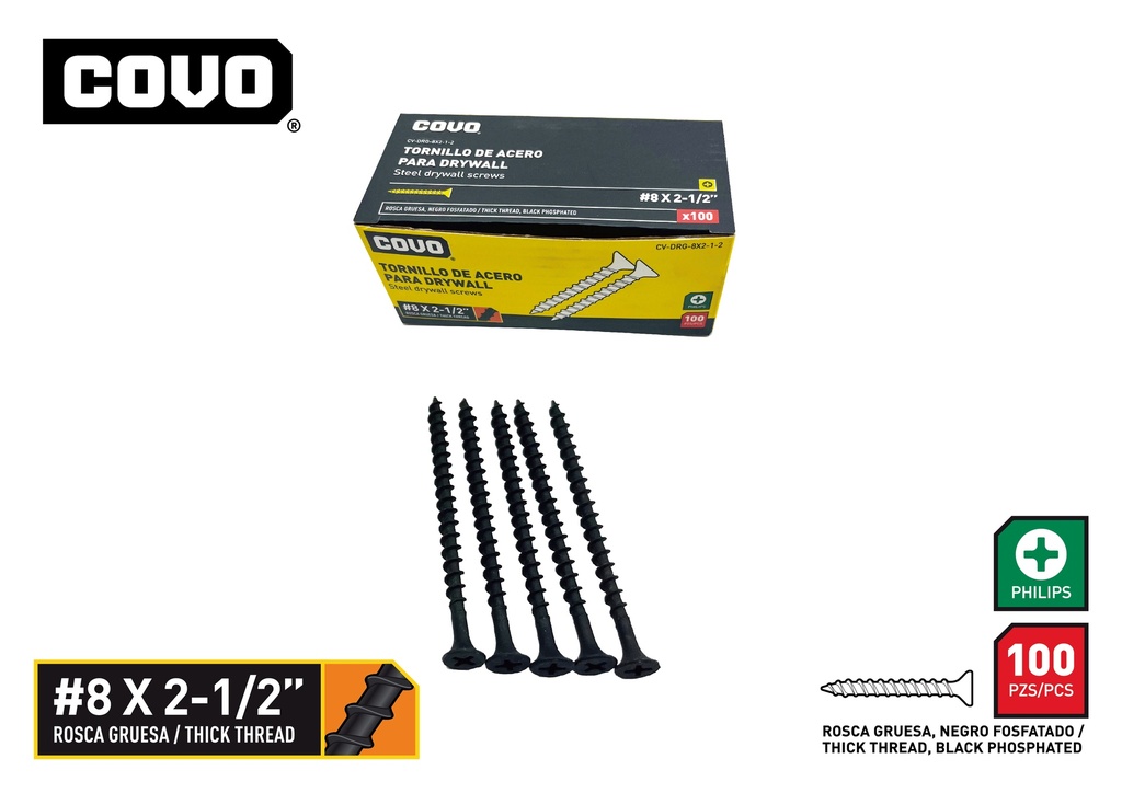 TORNILLOS DRYWALL R. GRUESA 8 x 2 1/2" x 100 UNID COVO 9-759