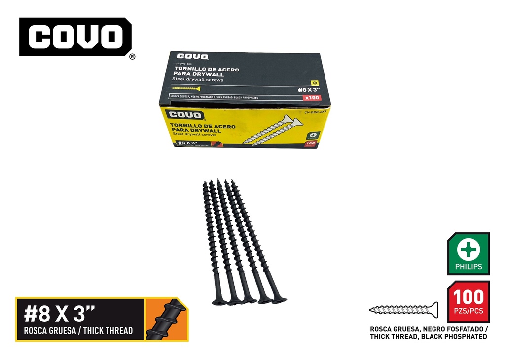 TORNILLOS DRYWALL R. GRUESA 8 x 3" x 100 UNID COVO 9-760