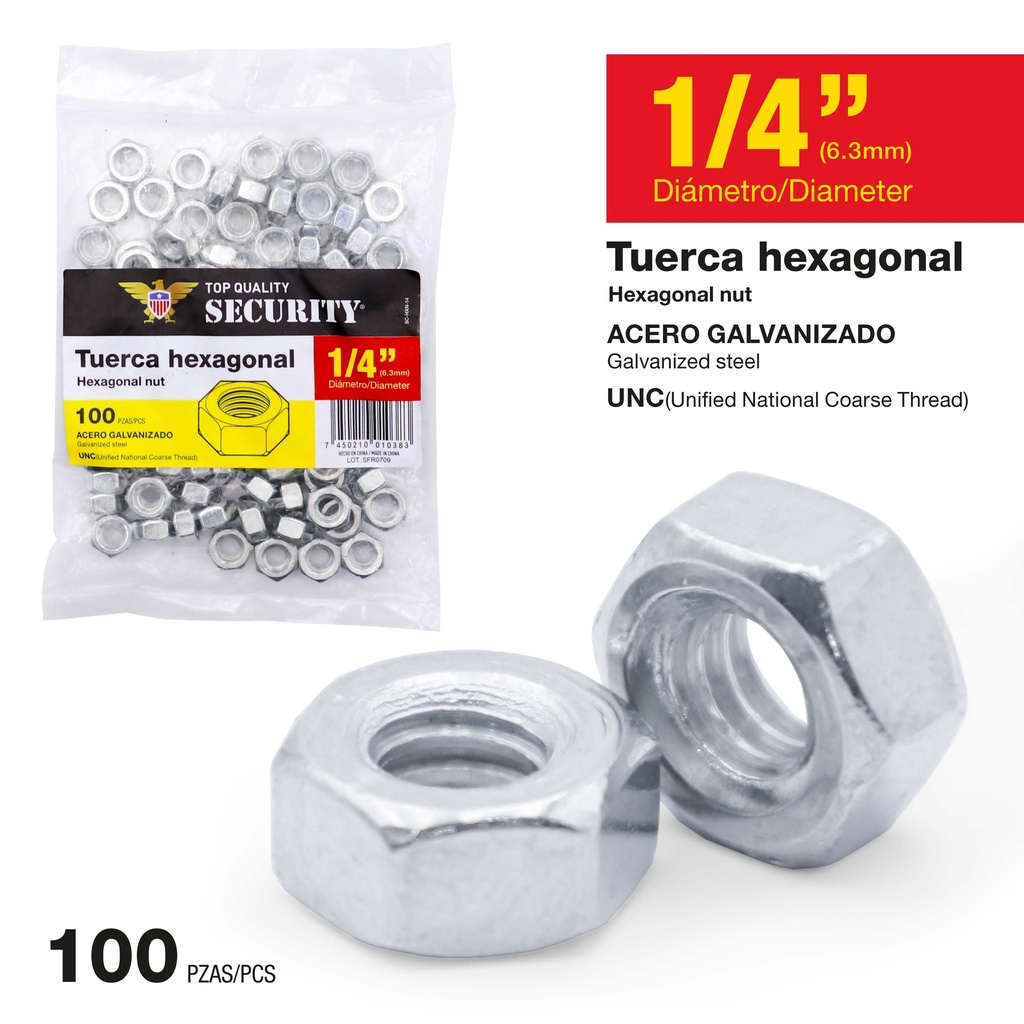 TUERCA GALV HEX 1/4" x 100 UNID SECURITY 9-769