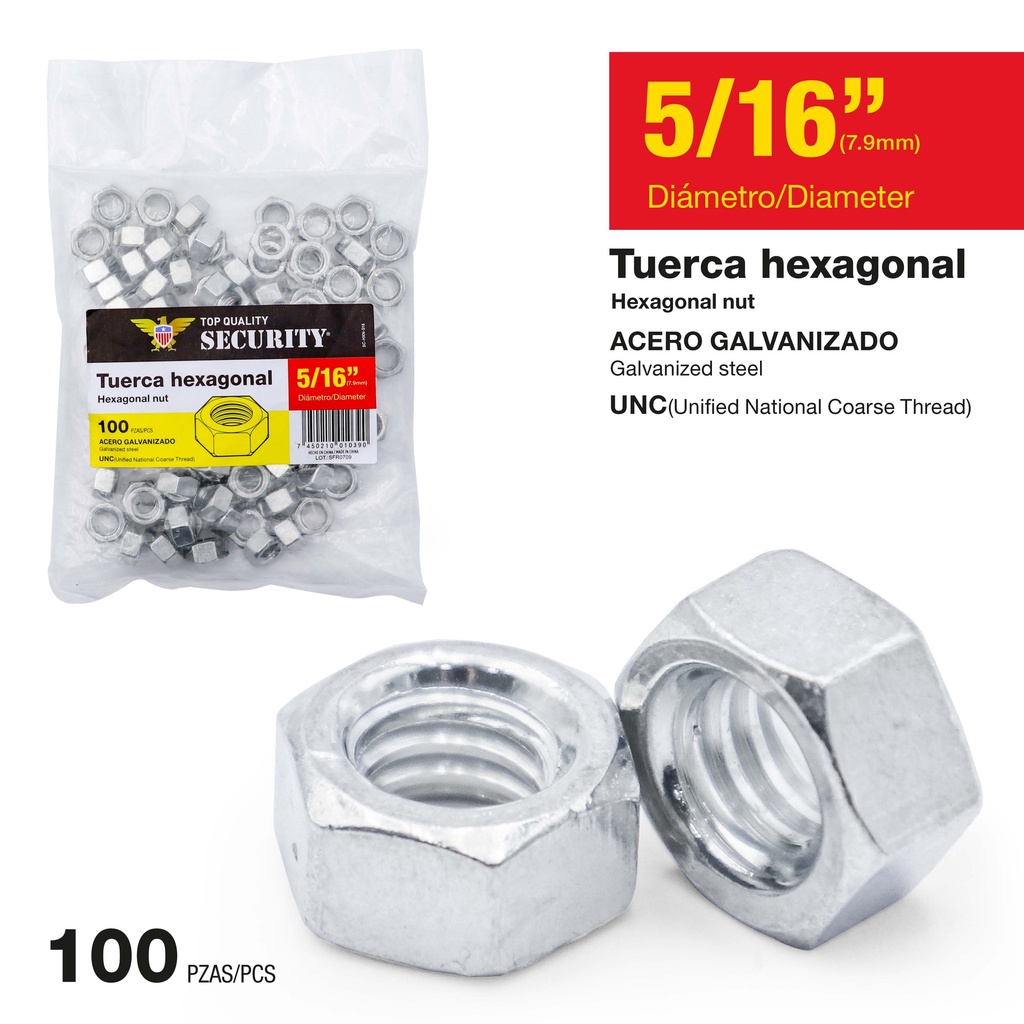 TUERCA GALV HEX 5/16" x 100 UNID SECURITY 9-771