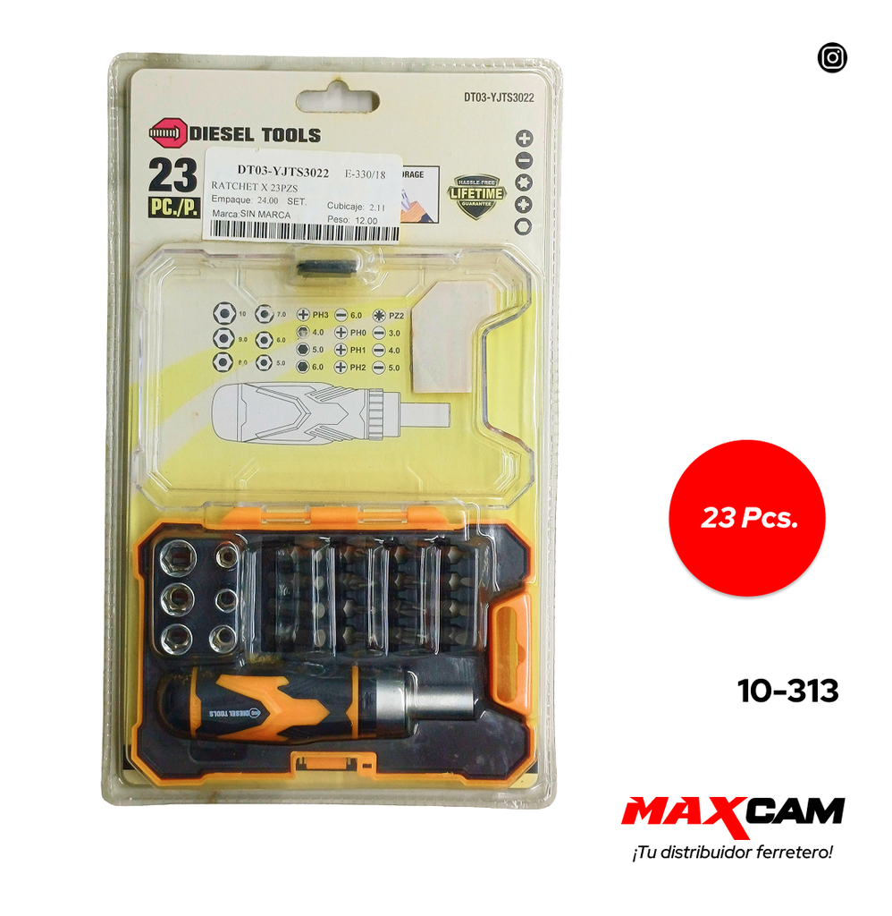JUEGO DADOS C/RACHET 23 PCS DIESEL TOOLS 10-313